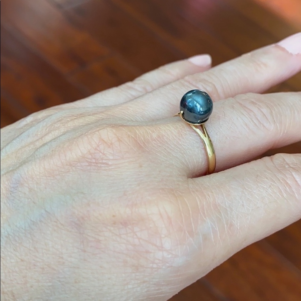 14k Solid Gold Black Pearl Ring - image 4